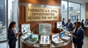Financial professionals analyzing thematic ETF investment opportunities beyond the S&P 500.