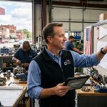 Business professional analyzing growth charts in a small manufacturing company in the United States.