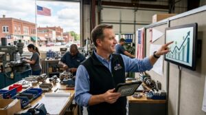 Business professional analyzing growth charts in a small manufacturing company in the United States.