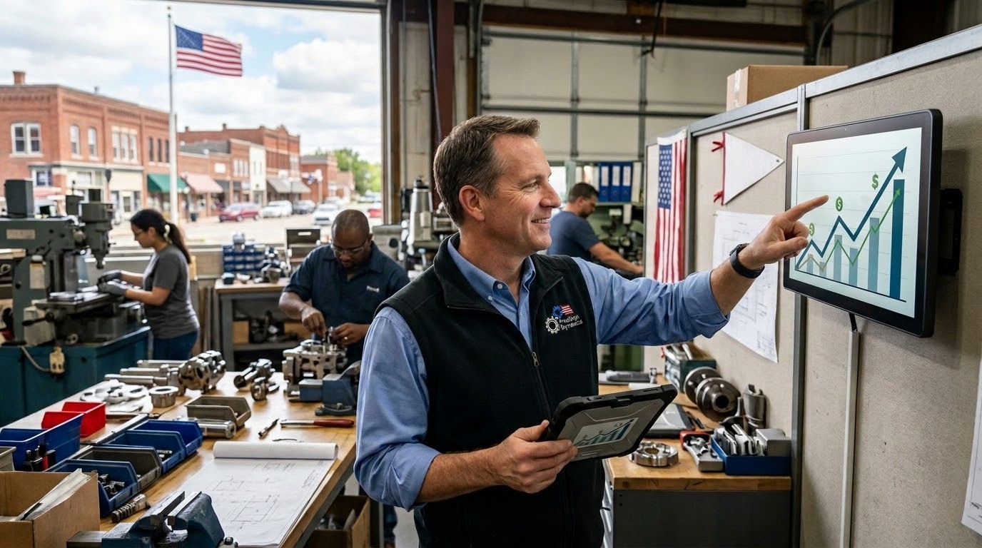 Business professional analyzing growth charts in a small manufacturing company in the United States.