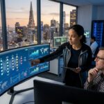 Professionals analyzing financial data and artificial intelligence models on large screens.