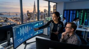 Professionals analyzing financial data and artificial intelligence models on large screens.