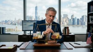 Investor balancing different assets to represent portfolio diversification and asset allocation.