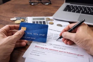 Person reviewing a credit card statement while holding a credit card next to a calculator, coins, and laptop, illustrating strategies to avoid high interest on credit card balances.