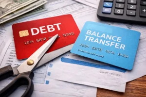 Balance transfer concept showing two credit cards labeled debt and balance transfer with scissors cutting the debt card, next to financial documents, calculator, and U.S. dollar bills.