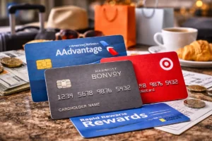 Co-branded credit cards placed on a table with travel luggage, shopping bags, coffee cup, and financial documents, illustrating brand partnership rewards and consumer loyalty benefits.
