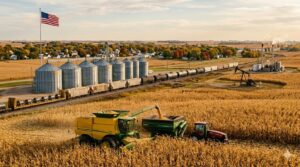 Agricultural harvest and grain storage representing commodities markets.