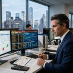 Investor analyzing U.S. corporate bond yields and financial market data on multiple screens.