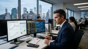 Investor analyzing U.S. corporate bond yields and financial market data on multiple screens.