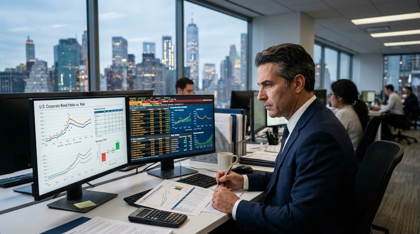 Investor analyzing U.S. corporate bond yields and financial market data on multiple screens.