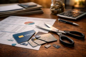 Credit card closure concept with cut credit cards and scissors on a desk with financial documents and calculator in the background