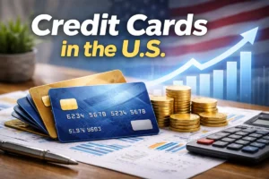 Credit cards in the U.S. displayed on a desk with financial documents, coins, and calculator, representing strategic credit card selection and personal finance planning.
