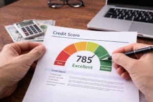 Person reviewing personal financial documents with calculator, laptop, and U.S. dollar bills on a desk, representing habits that improve credit score in the U.S.