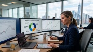 Investor analyzing cryptocurrency charts and digital asset portfolio on multiple screens.