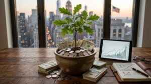Money and coins in a pot with a growing plant symbolizing dividend income and investment growth.