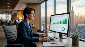 Investor analyzing dividend growth charts and portfolio performance on a computer screen.