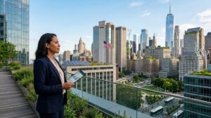 Investor analyzing sustainable city with renewable energy and green buildings.