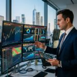 Investor analyzing ETF performance and market charts on multiple trading screens.