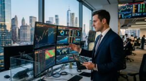 Investor analyzing ETF performance and market charts on multiple trading screens.