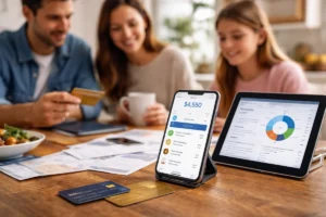 Family managing shared expenses with credit cards while reviewing financial information on smartphone and tablet at a kitchen table