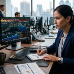 Investor analyzing bond market charts and fixed income portfolio on computer screens.