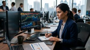Investor analyzing bond market charts and fixed income portfolio on computer screens.