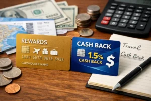 Flexible rewards and cashback credit cards displayed on a desk with U.S. dollar bills, calculator, and travel notes, illustrating a comparison between reward programs and cashback benefits.