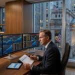 Investor analyzing global market data on multiple monitors in an office overlooking the financial district.