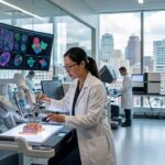 Scientist using advanced medical technology in a laboratory while analyzing healthcare data.