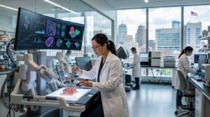 Scientist using advanced medical technology in a laboratory while analyzing healthcare data.