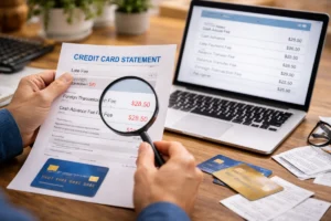 Person reviewing a credit card statement with magnifying glass while checking expenses and credit cards on a desk