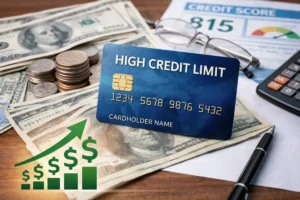 High credit limit credit card placed on U.S. dollar bills with calculator, coins, and credit score report, illustrating the impact of a high credit limit on personal financial health.