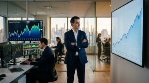 Investors monitoring stock market charts representing index fund investment strategies.