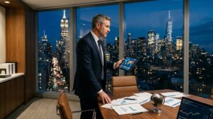 Investor analyzing global markets on a tablet with an international city skyline in the background.