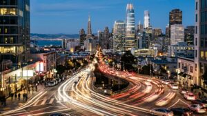 Modern city skyline with busy traffic representing global financial markets and investing.