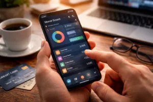 Person using issuer digital tools on a smartphone to track credit card spending and financial activity in real time