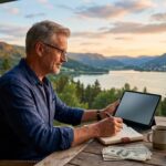 Investor planning long-term finances while reviewing investment information on a tablet.