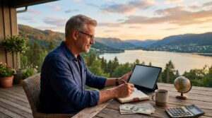 Investor planning long-term finances while reviewing investment information on a tablet.