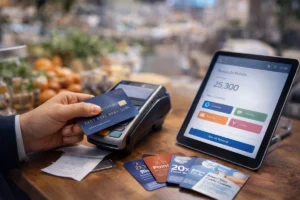 Person paying with a credit card at a payment terminal while checking reward points on a tablet in a retail environment