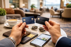Person comparing two premium credit cards at a café table with smartphone, wallet and coffee, representing a premium credit card upgrade decision