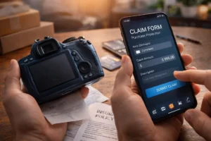 Consumer using smartphone to submit a purchase protection claim while holding a recently bought electronic device and receipt