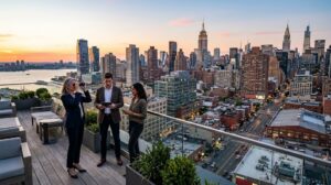 Investors analyzing urban skyline representing the U.S. REIT market and real estate investment.