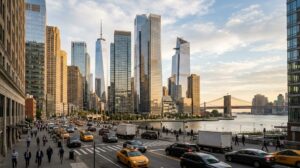Modern city skyline with commercial buildings representing real estate investment trusts.