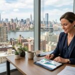Investor reviewing REITs real estate investment data on a tablet with a city skyline in the background.