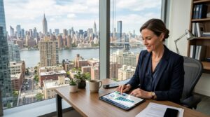 Investor reviewing REITs real estate investment data on a tablet with a city skyline in the background.