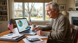 Senior investor analyzing retirement portfolio and financial charts on a laptop.