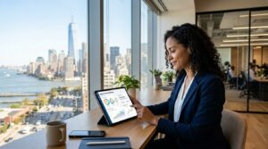 Investor using a tablet with a robo-advisor investment portfolio dashboard.