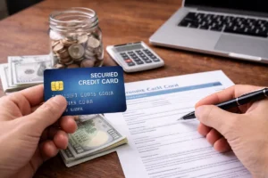 Person holding a credit card while reviewing financial documents on a desk with U.S. dollar bills, calculator, coins, and laptop, illustrating the concept of secured credit cards used to build credit history.