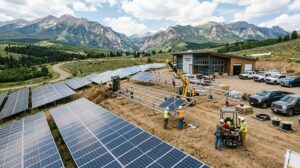 Workers installing solar panels at a renewable energy project site.