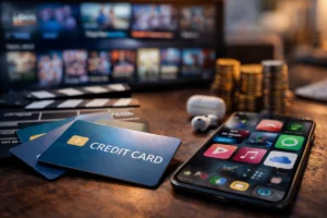 Credit cards with streaming benefits next to smartphone showing digital entertainment apps and wireless earbuds on a desk